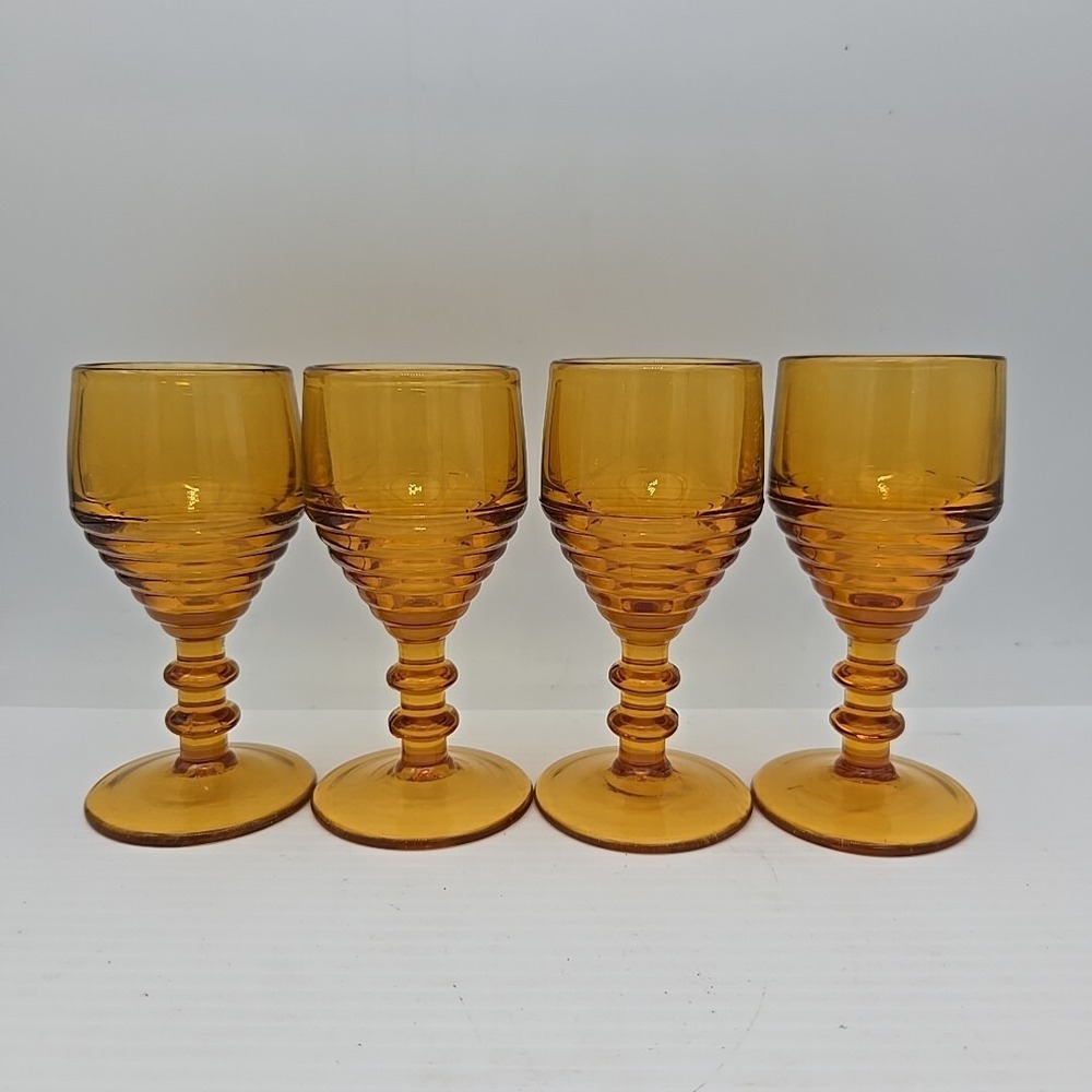 Vintage Small Ribbed Amber Gold Goblets Set‎ of 4